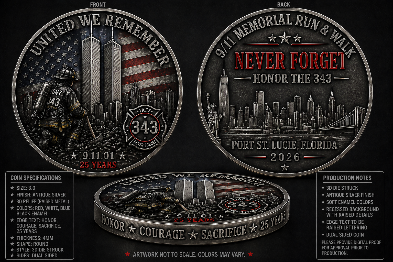 Front, back, and edge views of the 2026 United We Remember challenge coin