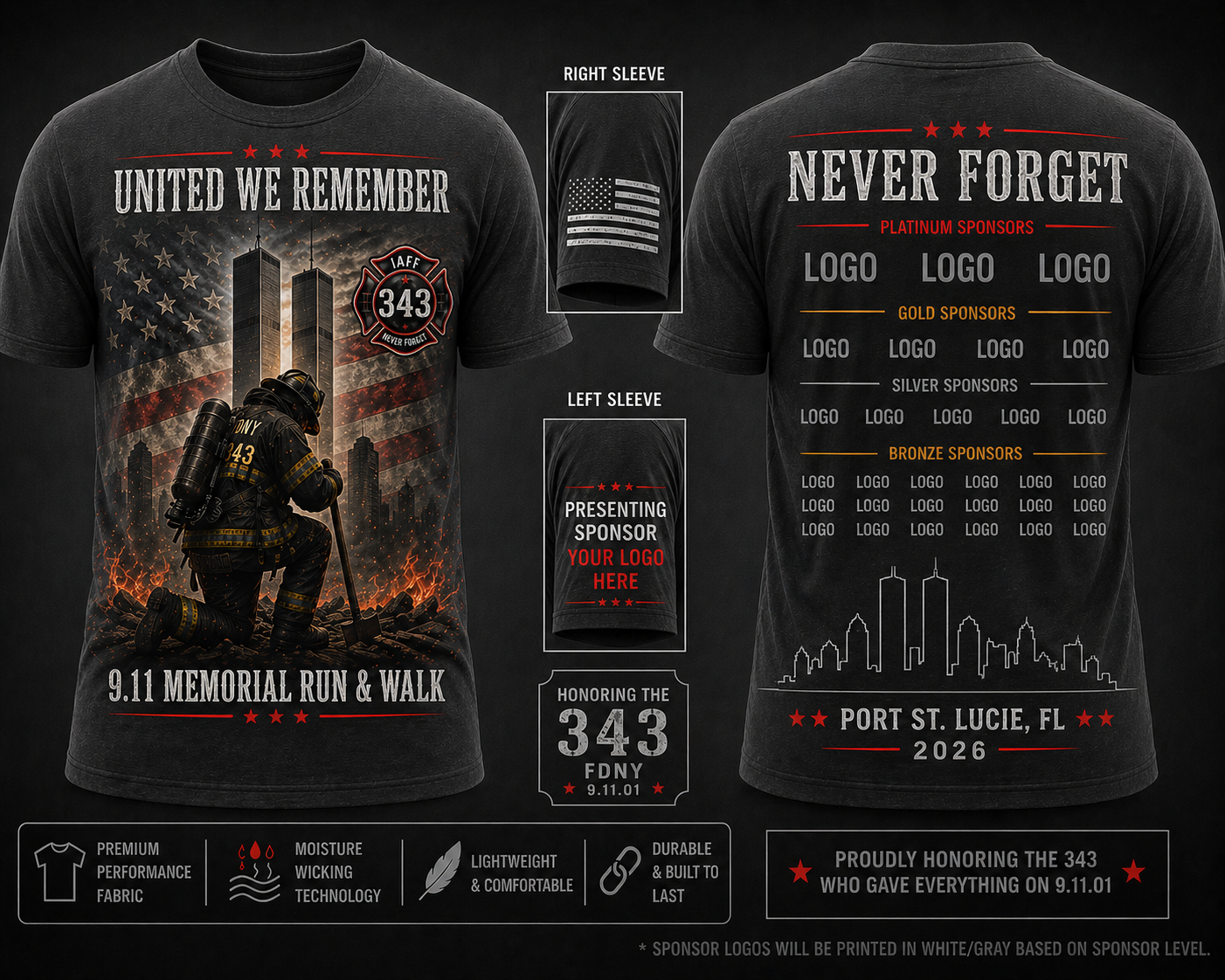 Front, back, and sleeves of the 2026 United We Remember event shirt